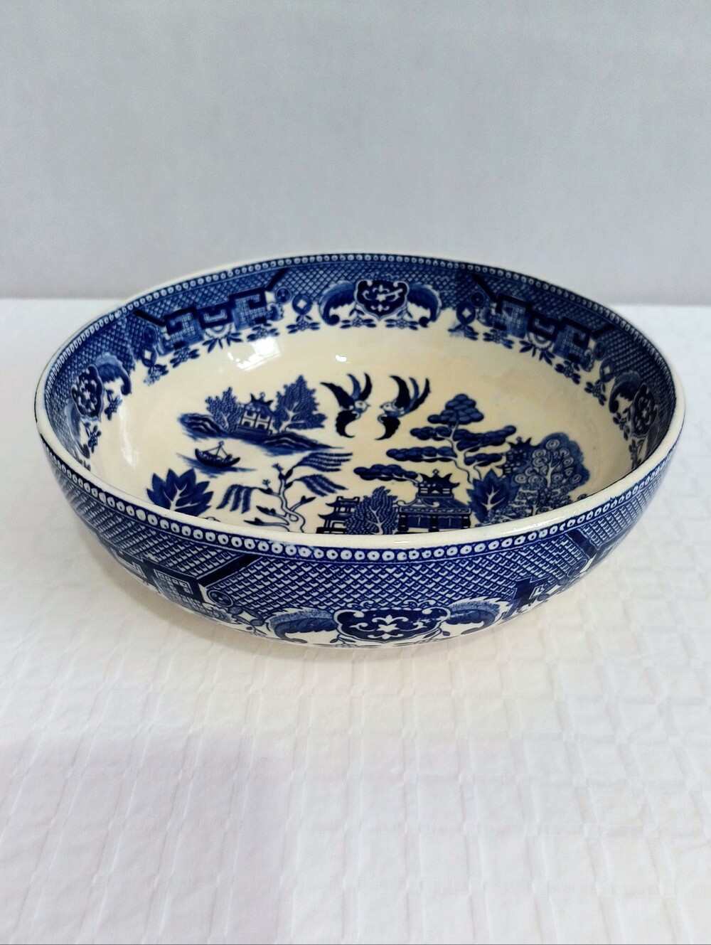 Vintage Blue Chinese Pagoda Large Stoneware Serving Bowl